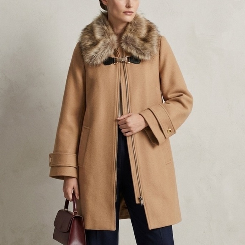 ZARA MANTECO WOOL COAT with Detachable Synthetic‎ Fur Collar Camel S